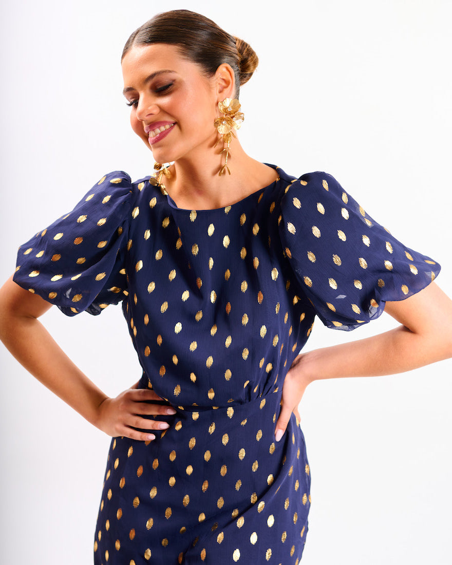 Navy Chiffon Foil Puff Sleeve Midi Dress