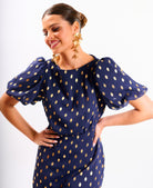 Navy Chiffon Foil Puff Sleeve Midi Dress