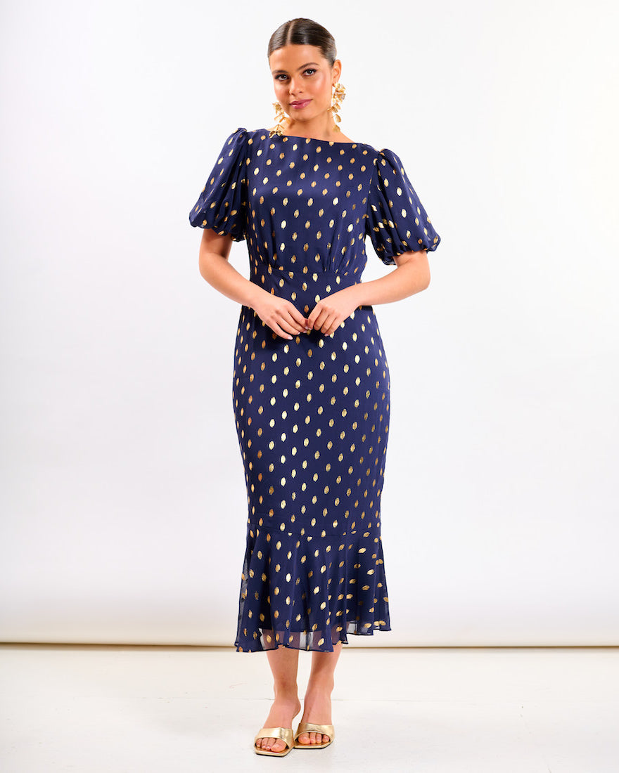 Navy Chiffon Foil Puff Sleeve Midi Dress