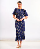 Navy Chiffon Foil Puff Sleeve Midi Dress
