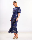 Navy Chiffon Foil Puff Sleeve Midi Dress