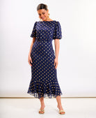 Navy Chiffon Foil Puff Sleeve Midi Dress
