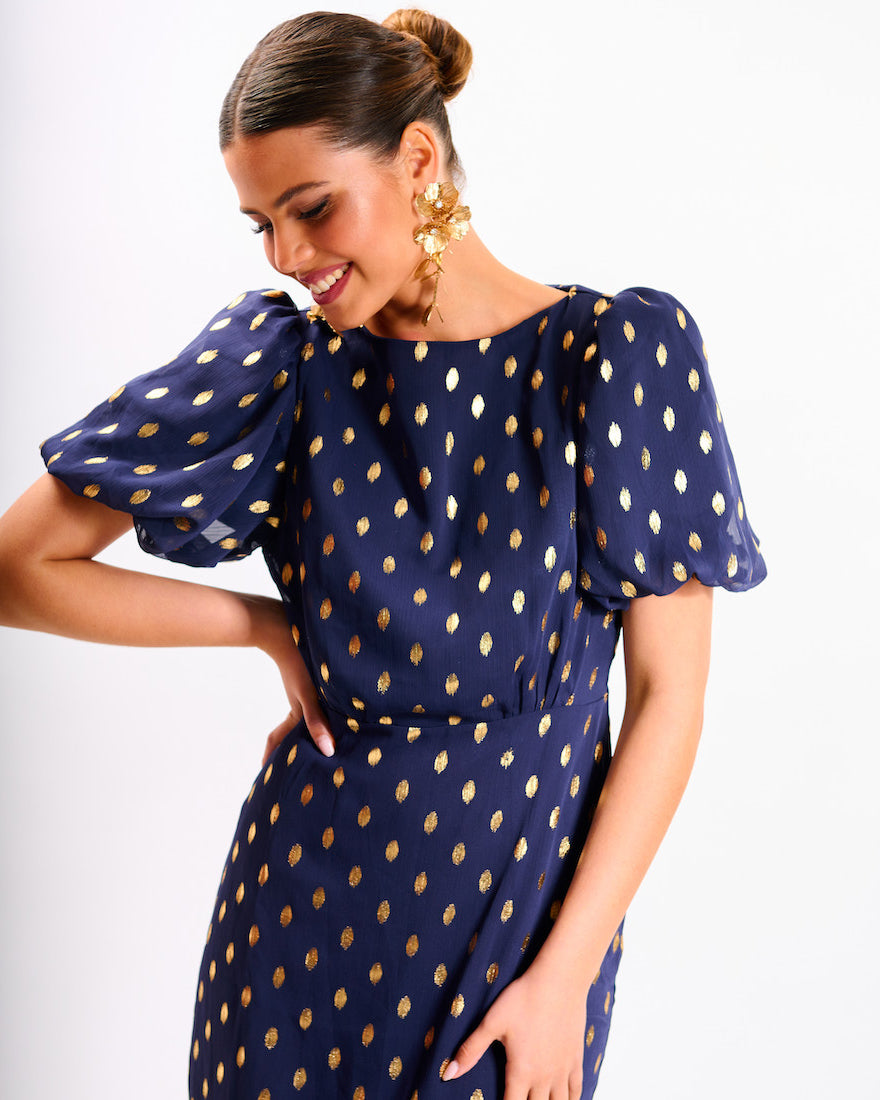 Navy Chiffon Foil Puff Sleeve Midi Dress