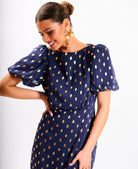 Navy Chiffon Foil Puff Sleeve Midi Dress