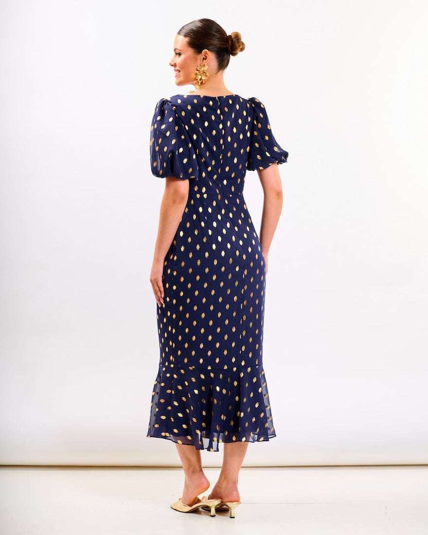 Navy Chiffon Foil Puff Sleeve Midi Dress
