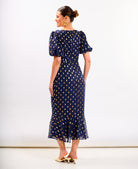 Navy Chiffon Foil Puff Sleeve Midi Dress