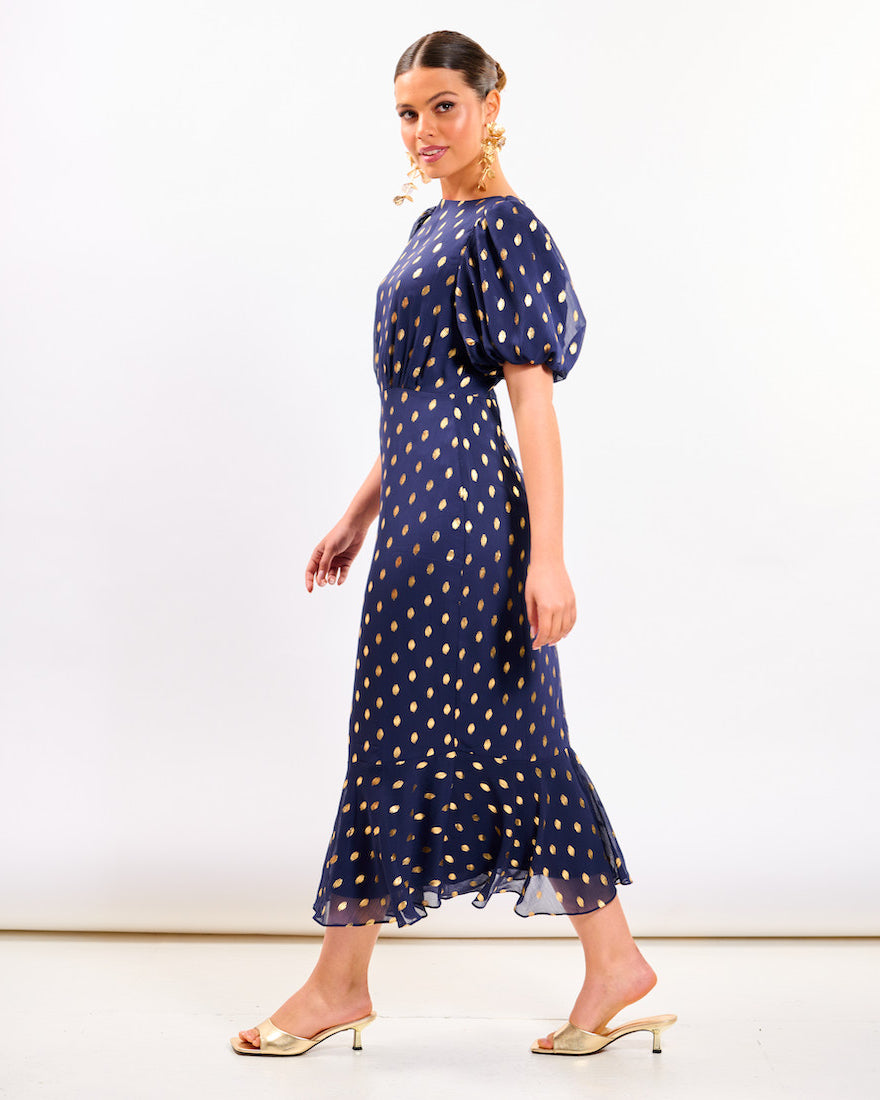 Navy Chiffon Foil Puff Sleeve Midi Dress