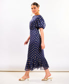 Navy Chiffon Foil Puff Sleeve Midi Dress