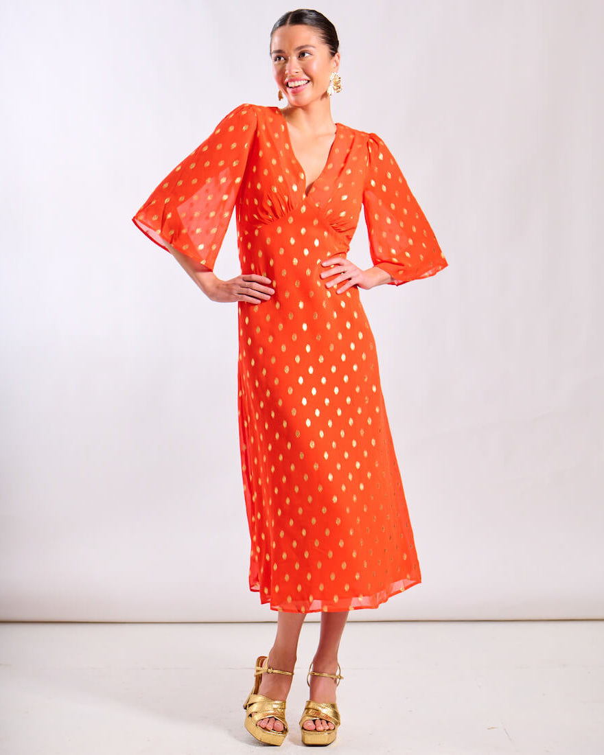 Orange Foil Chiffon Midi Dress