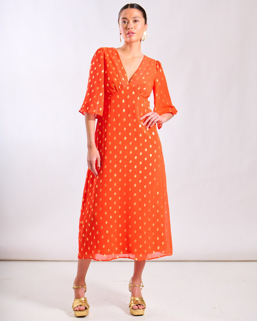 Orange Foil Chiffon Occasion Midi Dress