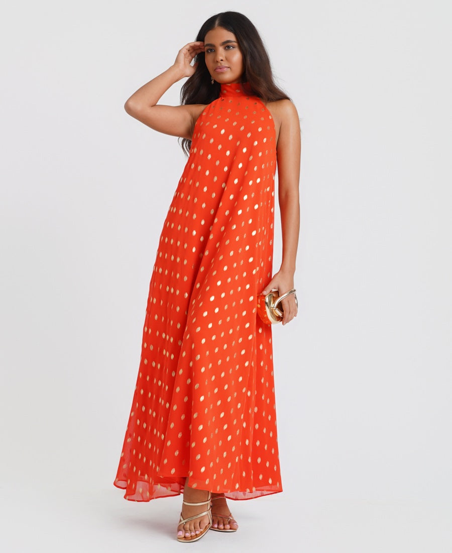 Orange Foil Halter Maxi Dress