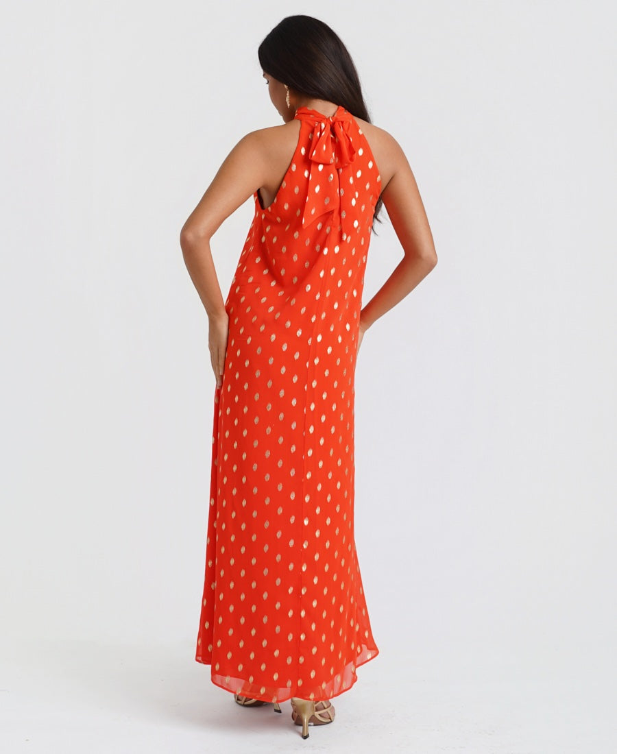 Orange Foil Halter Maxi Dress back