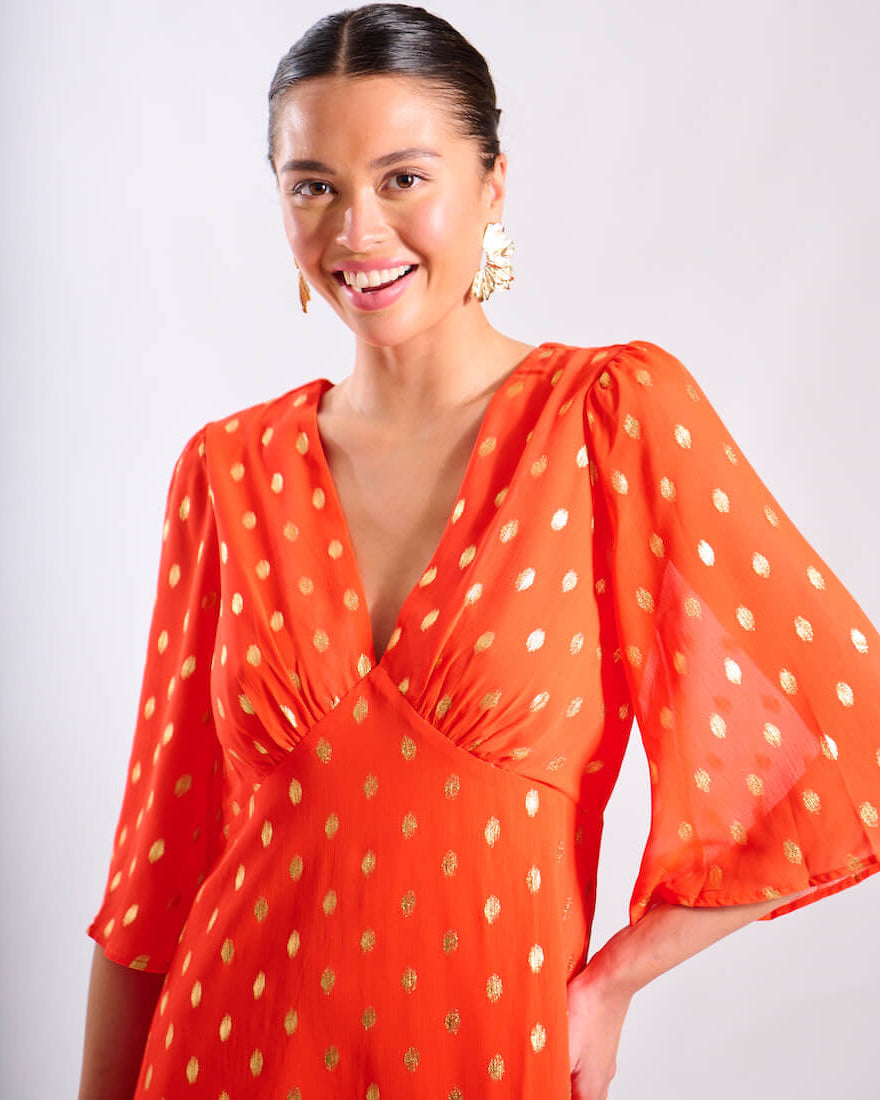 Orange Foil Occasion Midi Dress