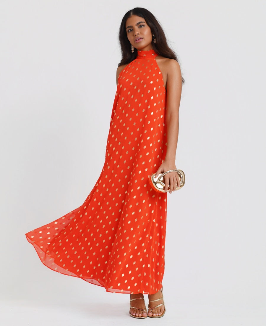 Orange Foil Halter Maxi Dress