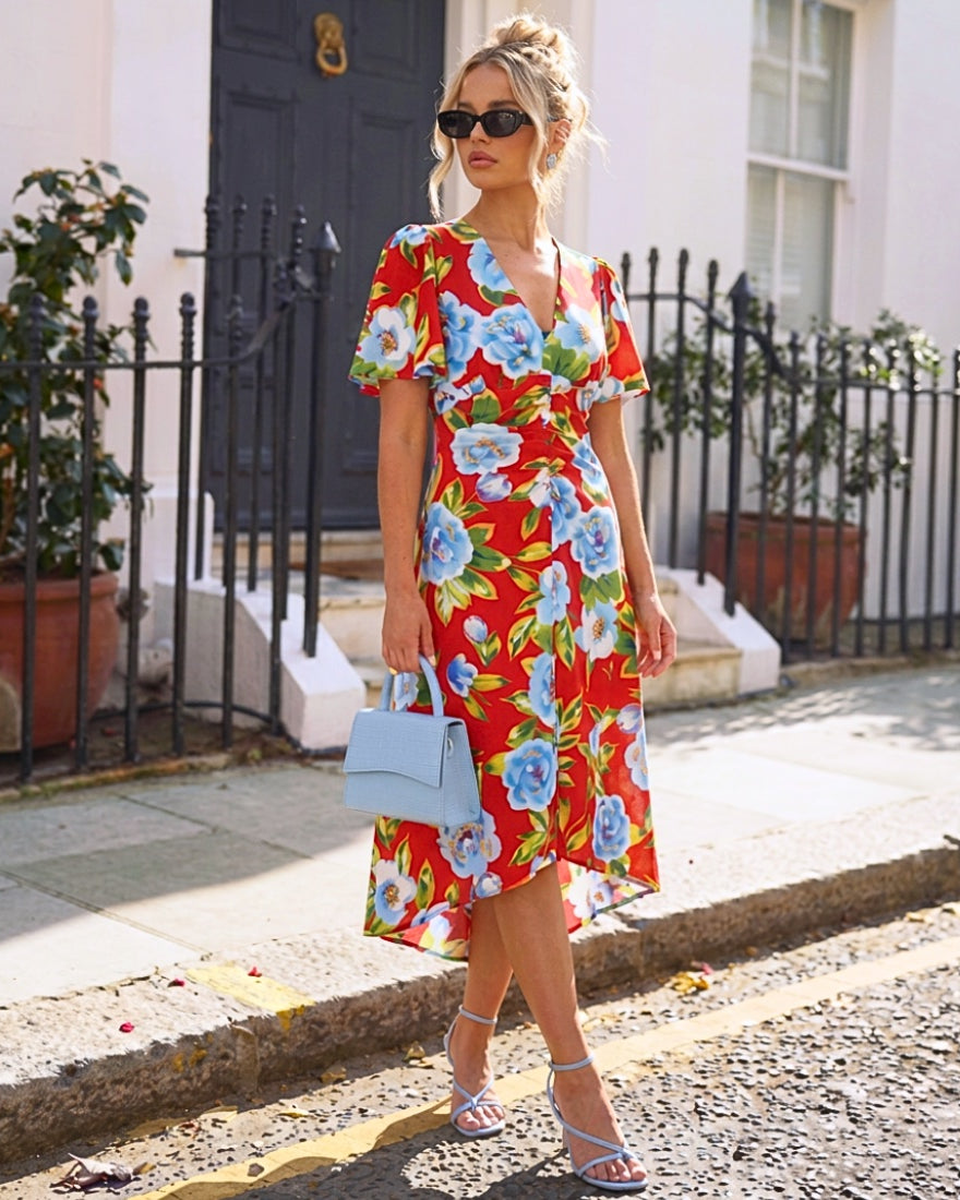 Oversized red floral midi dress