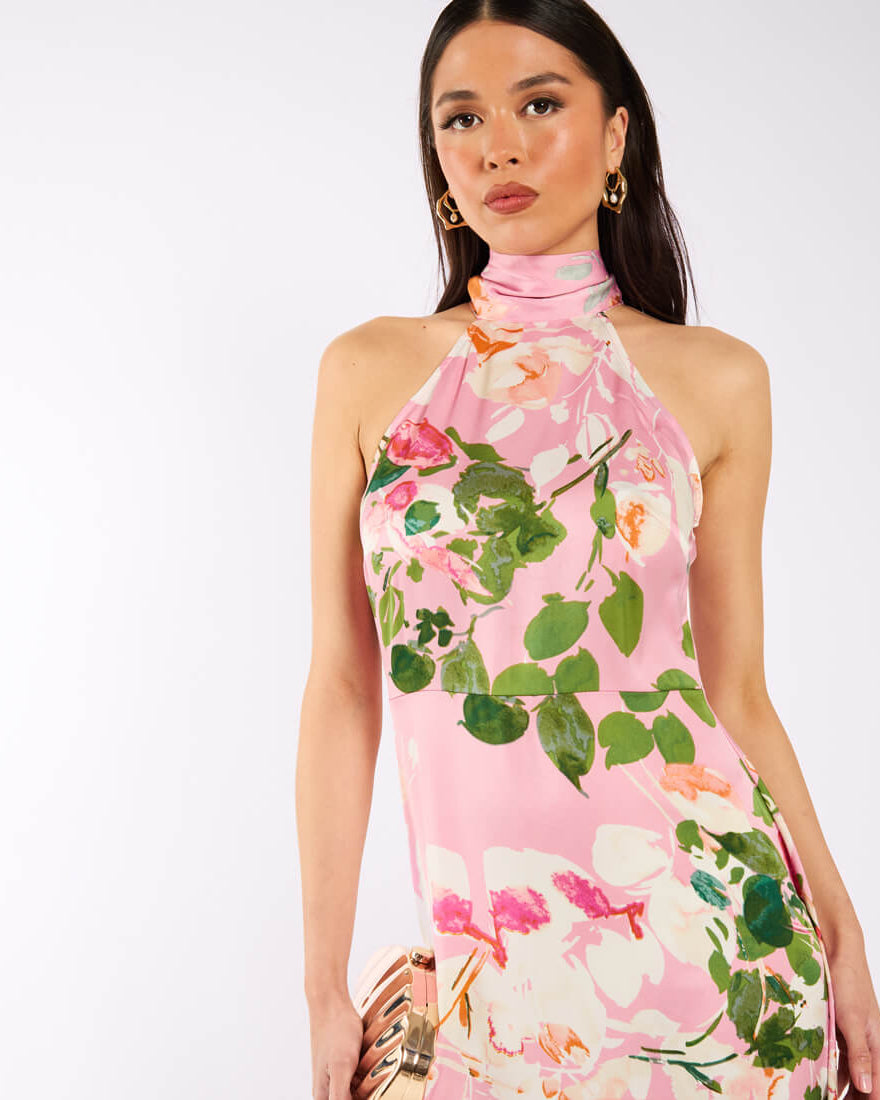 Pink Watercolour Floral Halter Neck Maxi Dress