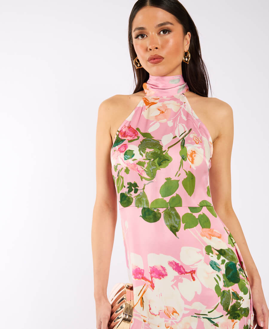 Pink Watercolour Floral Halter Neck Maxi Dress
