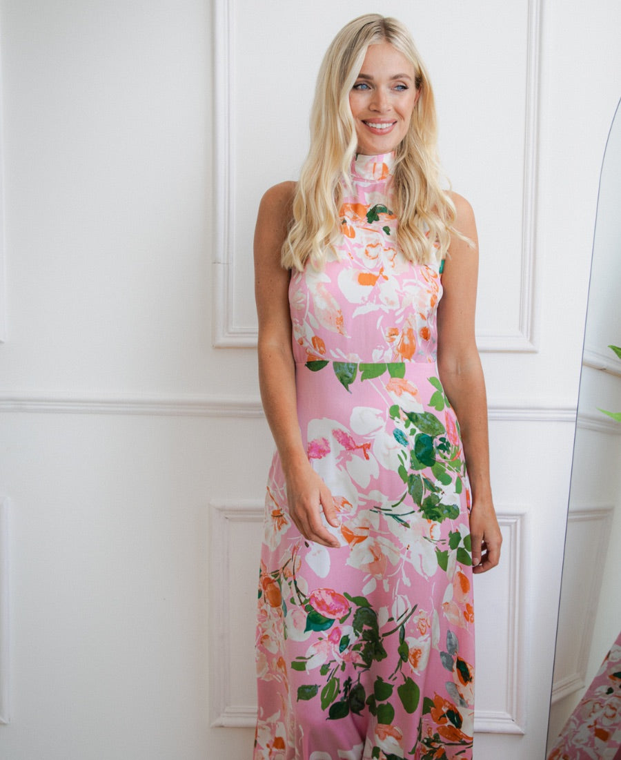 Pink Halter Neck Floral Print Pleated Maxi Dress