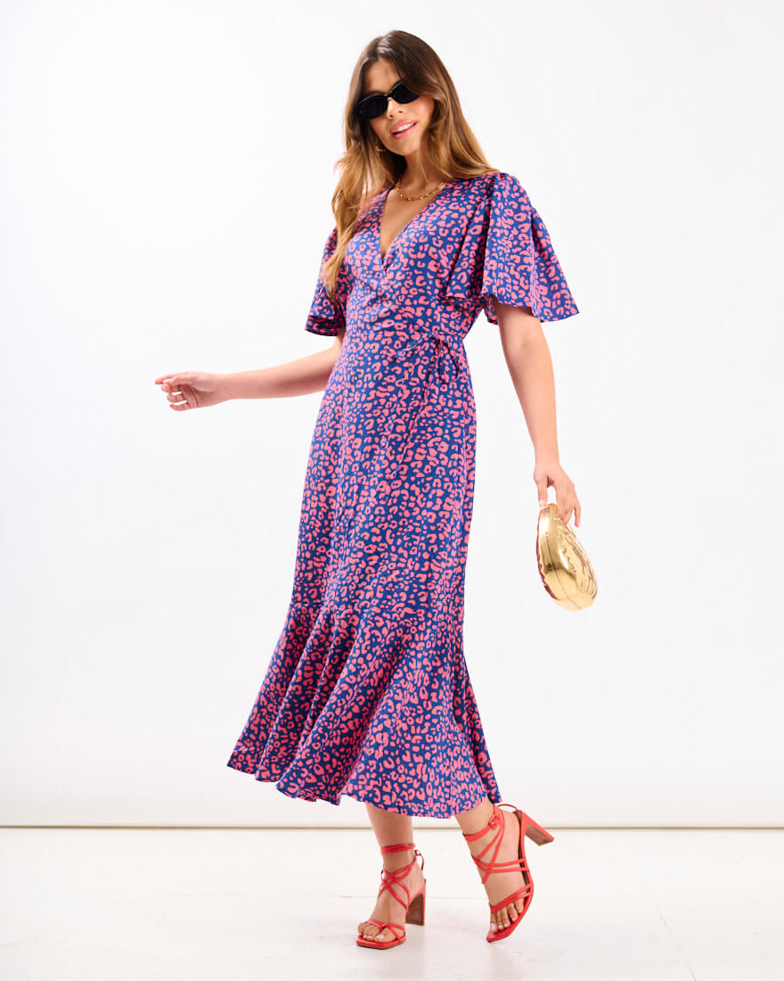Pink Animal Wrap Midi Dress