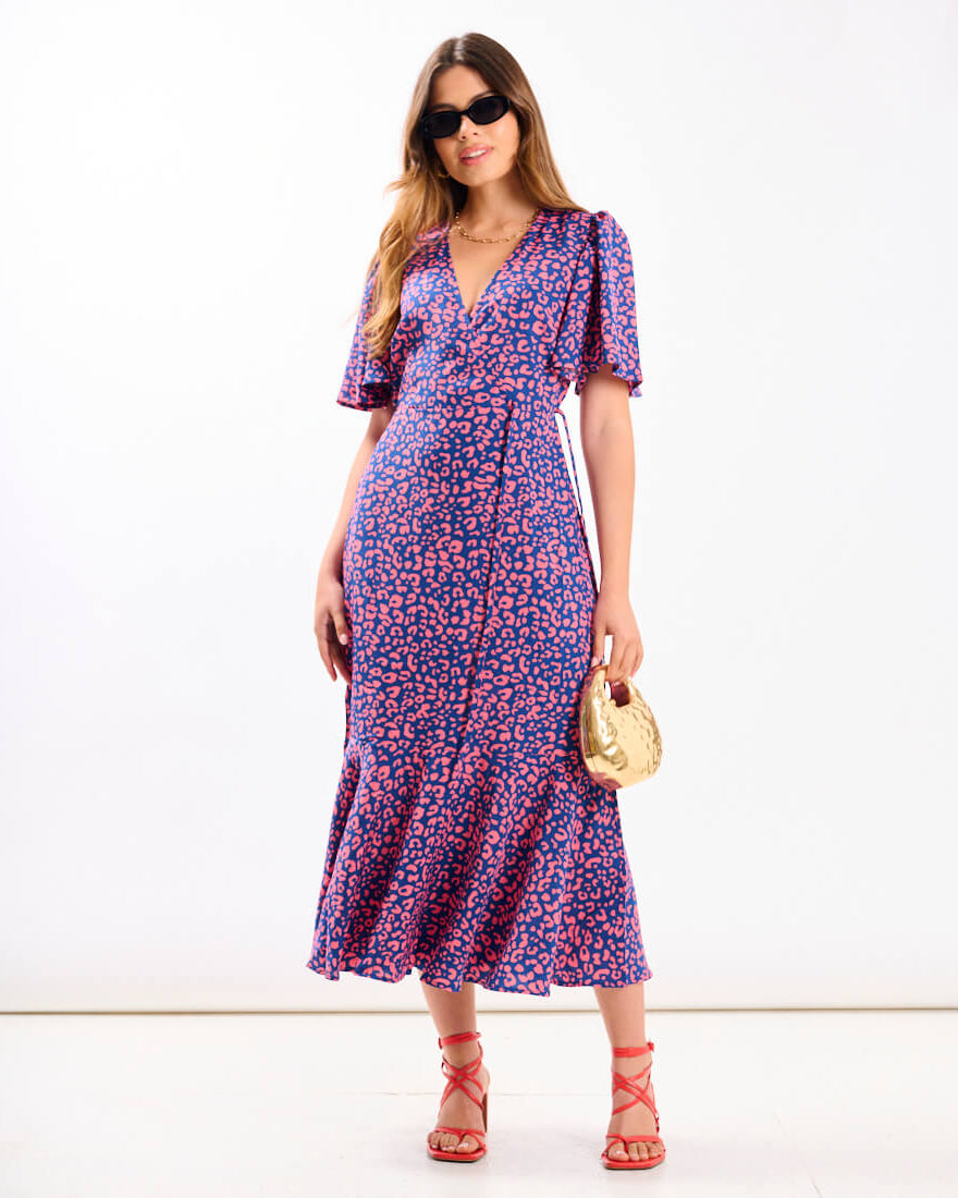 Pink Animal Wrap Midi Dress