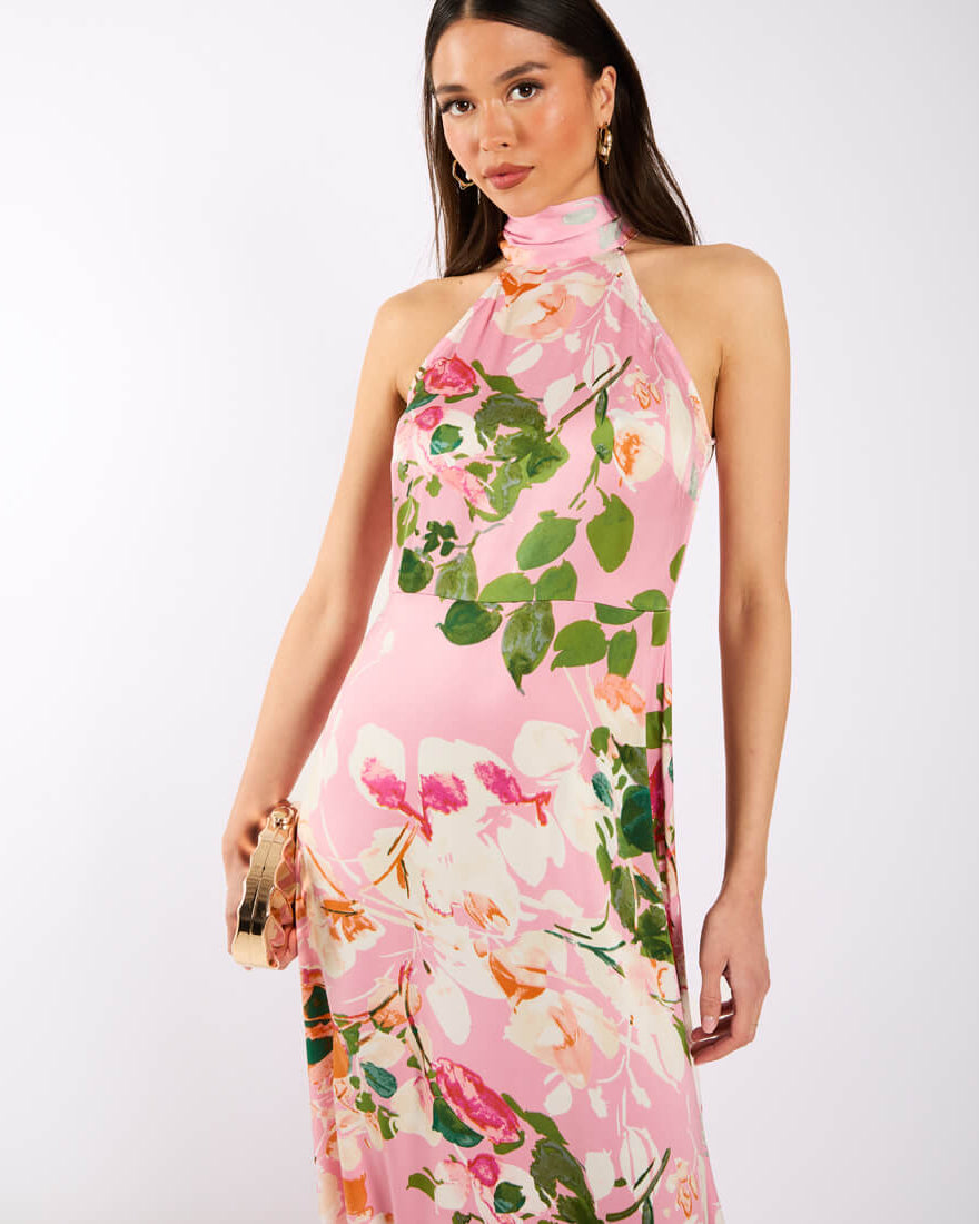 Pink Watercolour Floral Halter Neck Maxi Dress