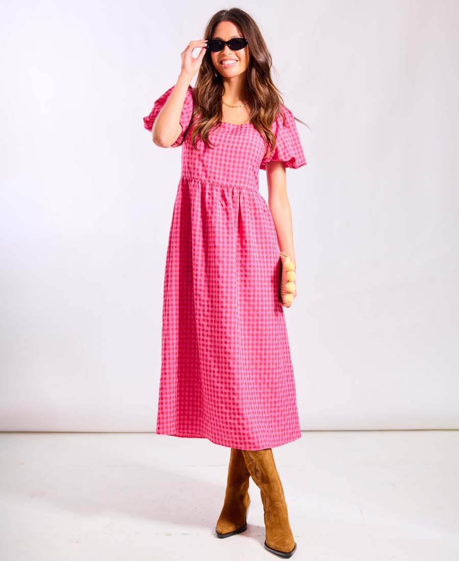 Pink Gingham Midi Dress