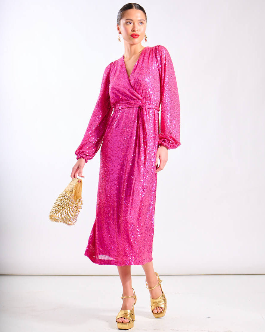 Pink Sequin Wrap Dress