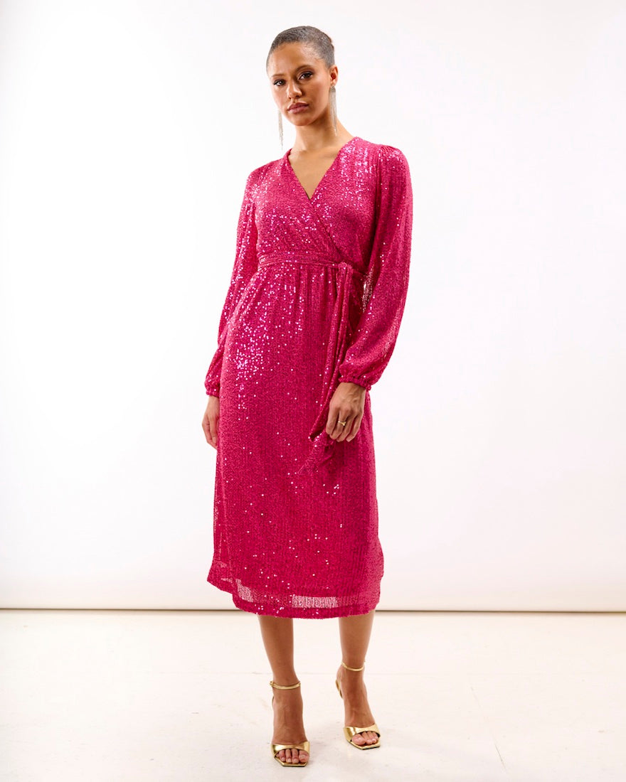 Pink Sequin Wrap Midi Dress