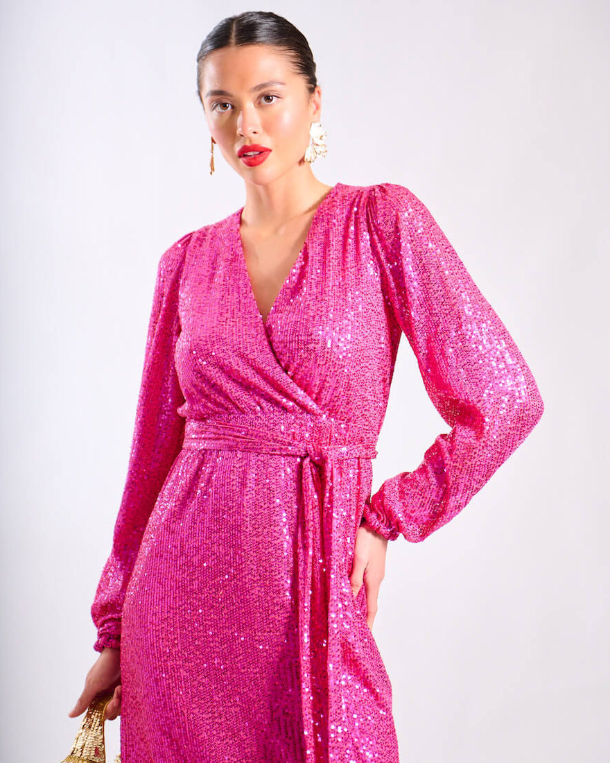 Pink Sequin Wrap Midi Dress
