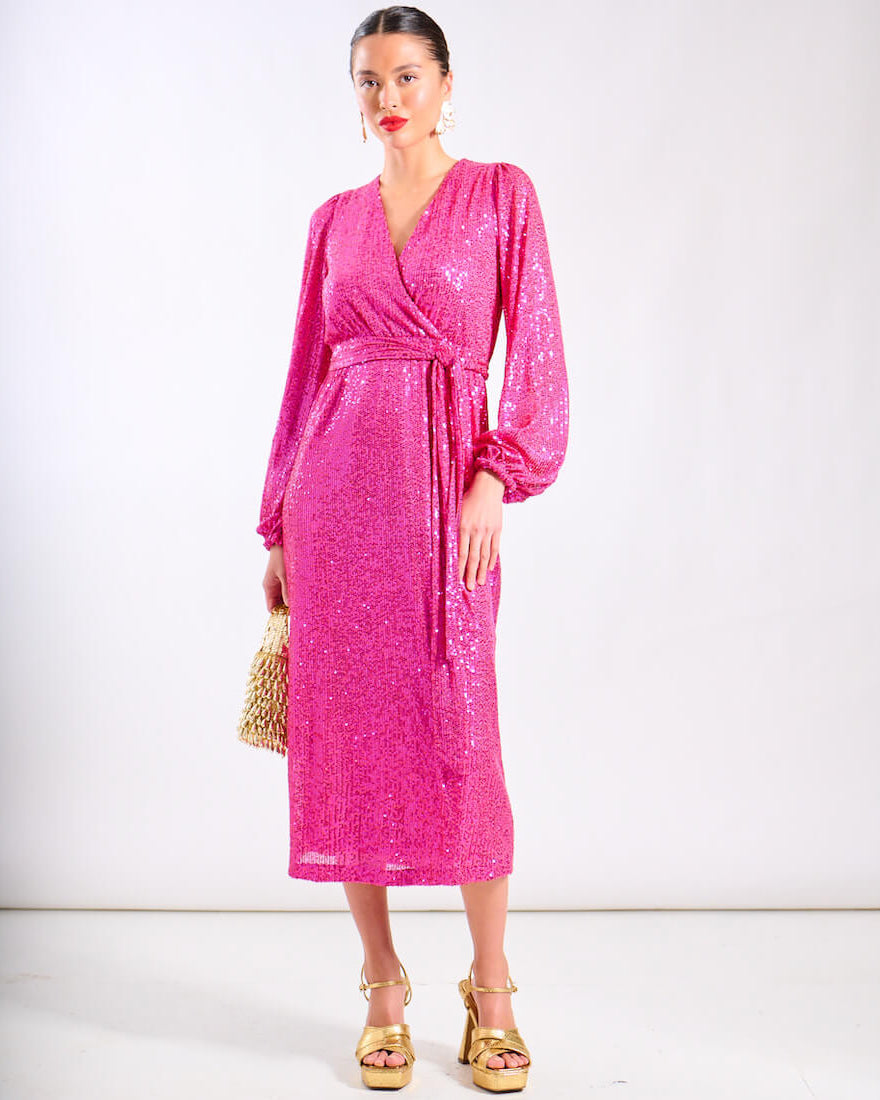 Pink Sequin Wrap Party Dress