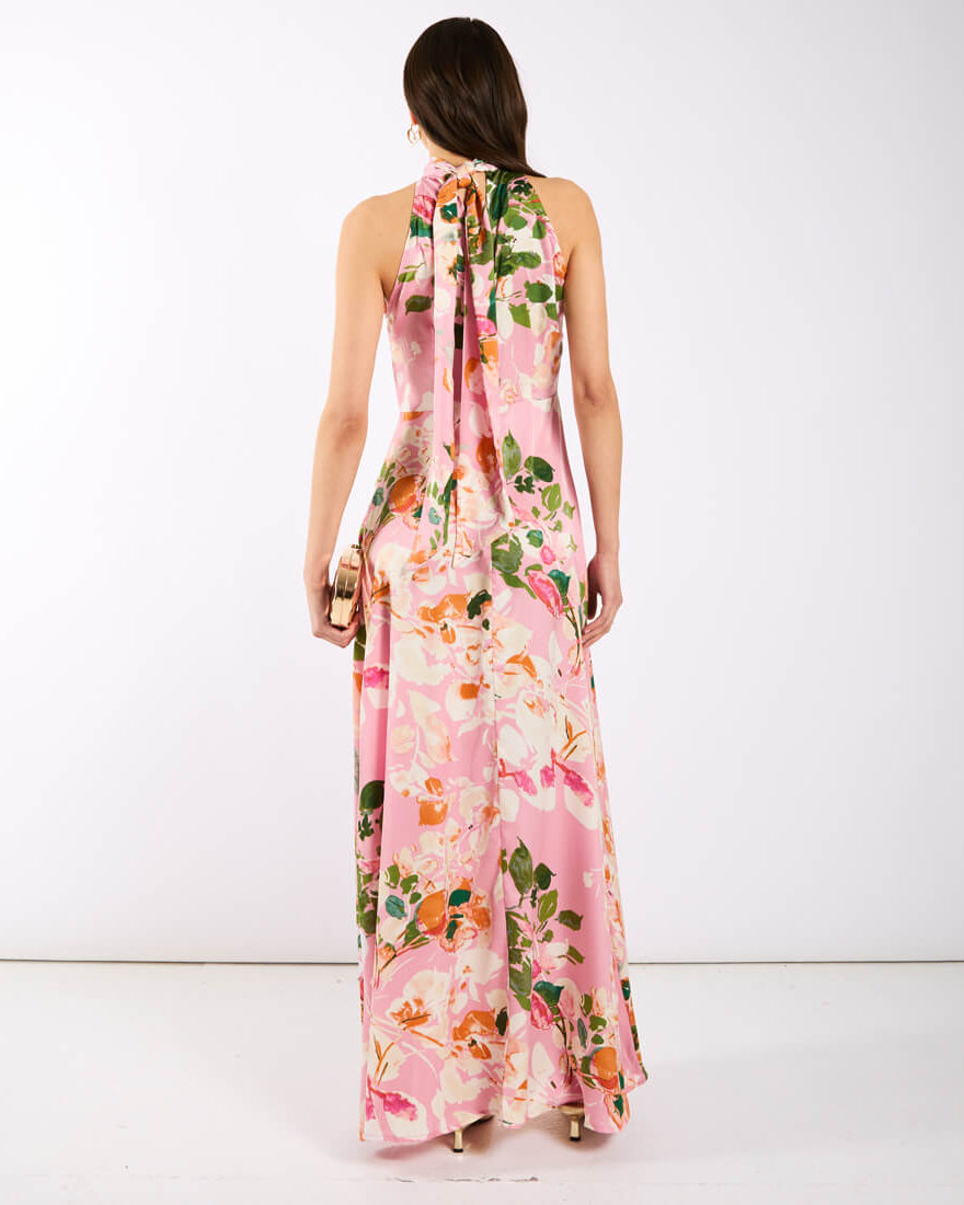 Pink Watercolour Floral Halter Neck Maxi Dress back with tie neck