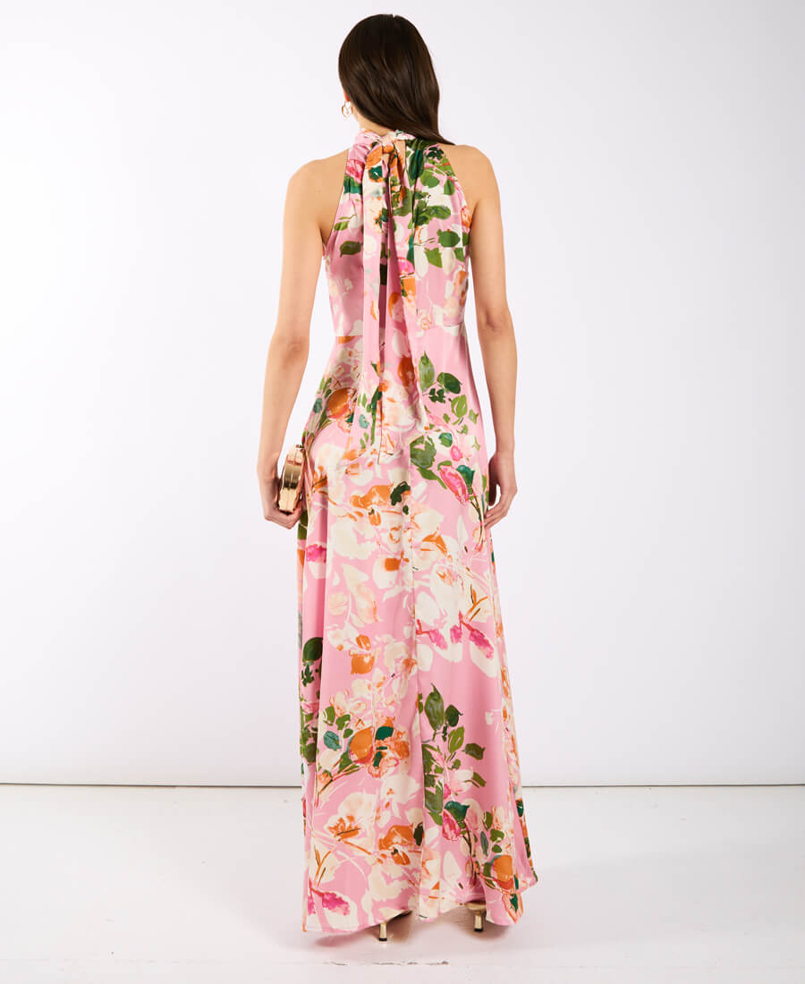 Pink Watercolour Floral Halter Neck Maxi Dress back with tie neck