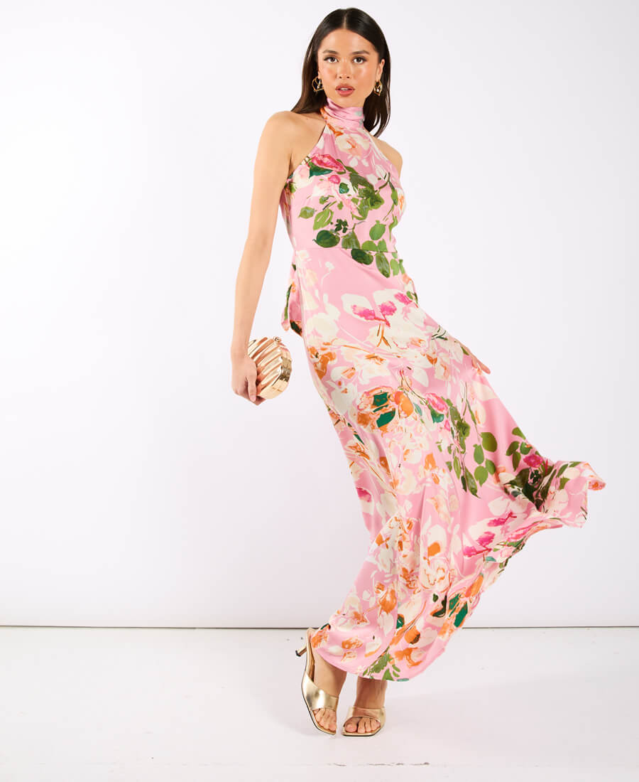Pink Watercolour Floral Halter Neck Maxi Dress