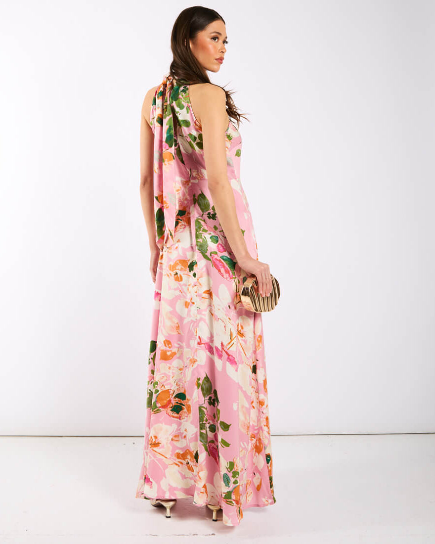 Pink Watercolour Floral Halter Neck Maxi Dress Back