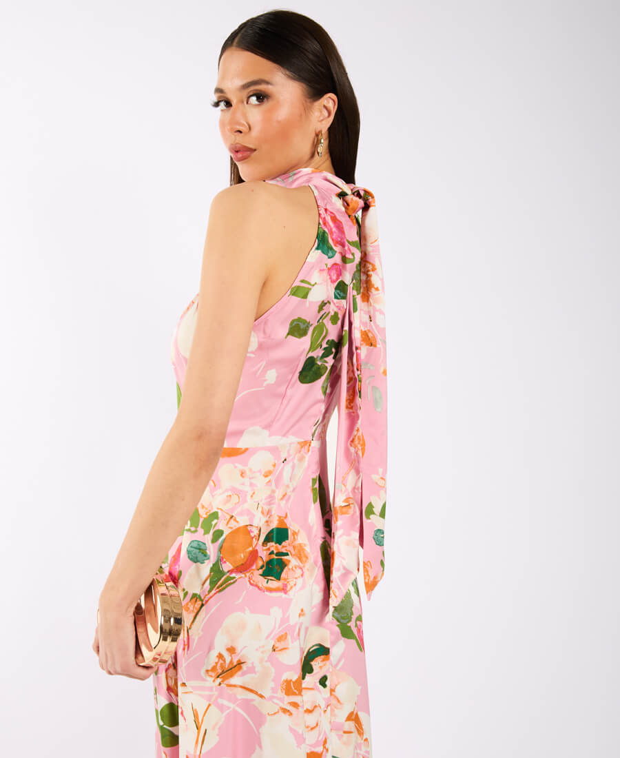 Pink Watercolour Floral Halter Neck Maxi Dress side