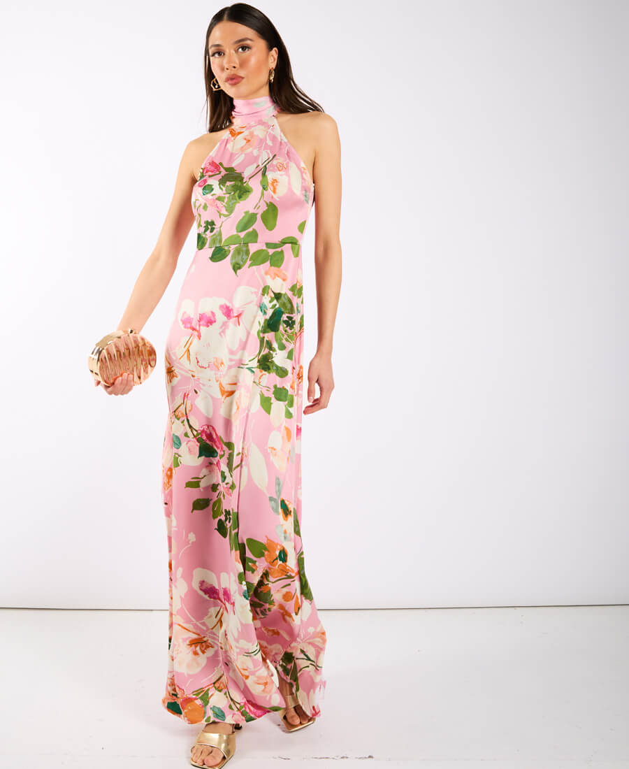 Pink Watercolour Floral Halter Neck Maxi Dress