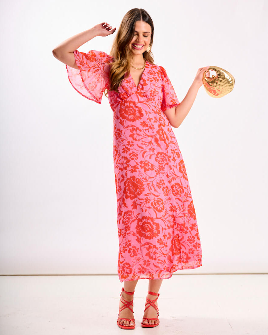 Pink floral Flutter Sleeve Midi