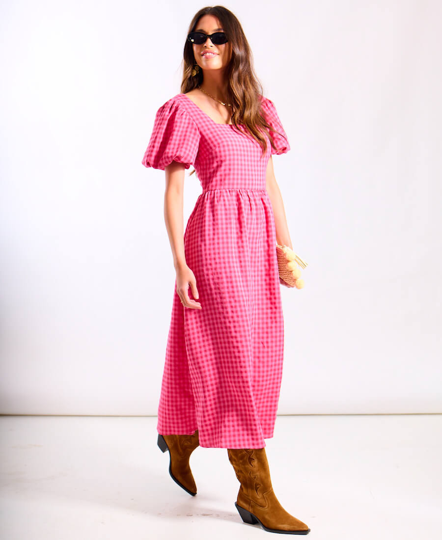 Pink gingham midi comfortable dress