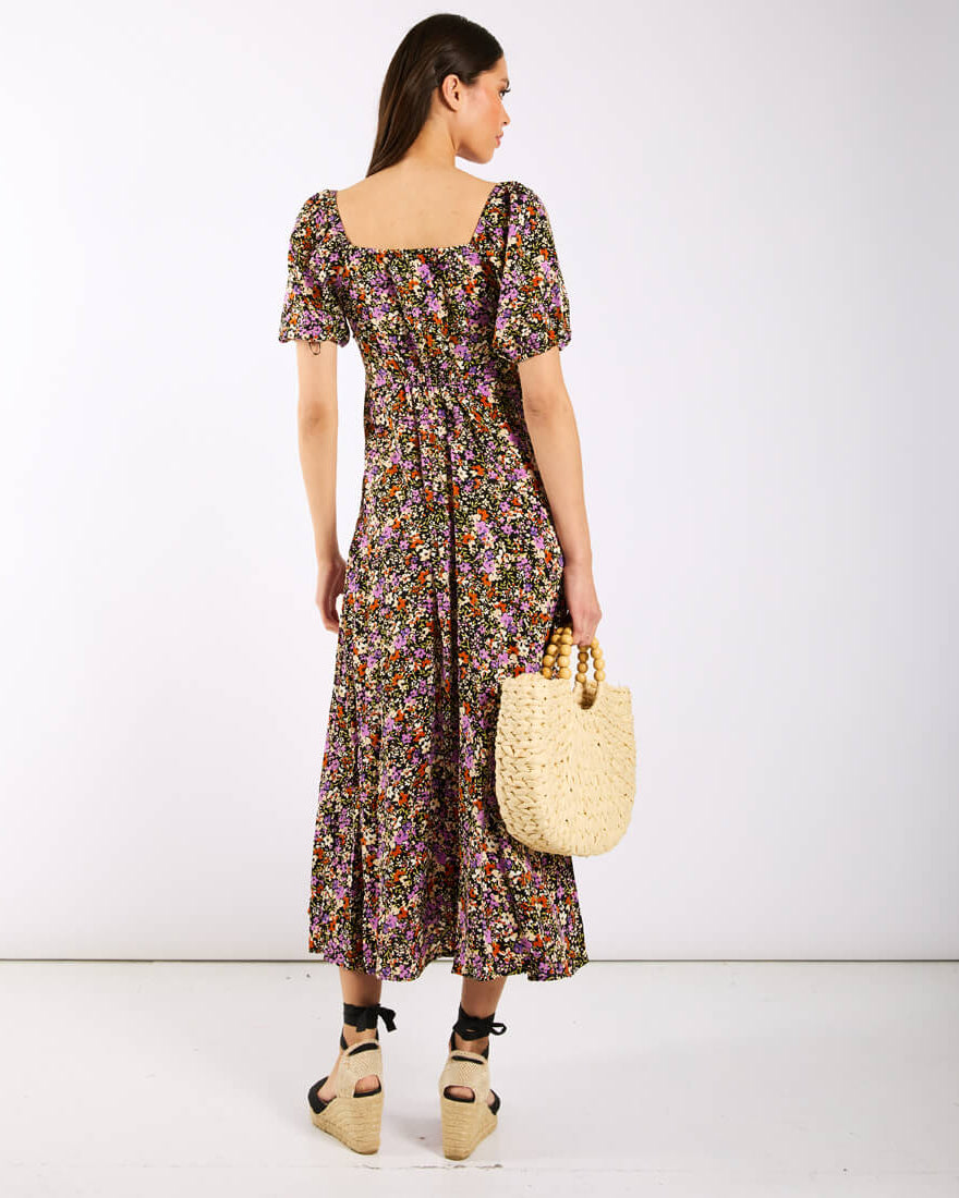 Purple Floral Sweetheart Neck Midi Dress Back