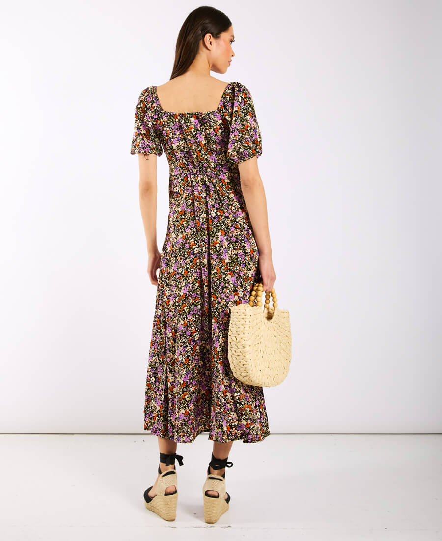 Purple Floral Sweetheart Neck Midi Dress Back
