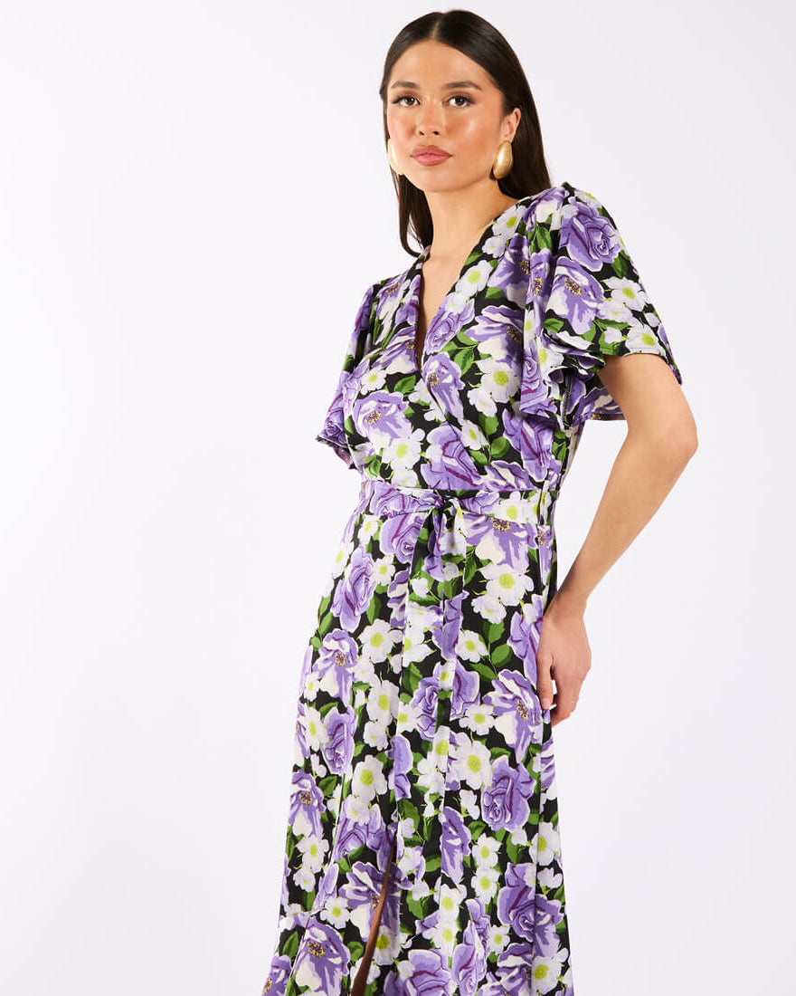 Purple Floral Wrap Midi Dress side