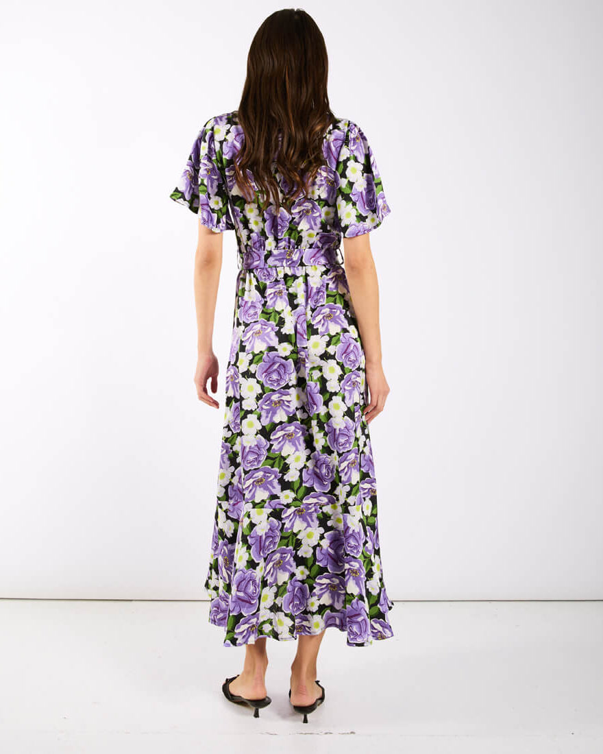 Purple Floral Wrap Midi Dress back
