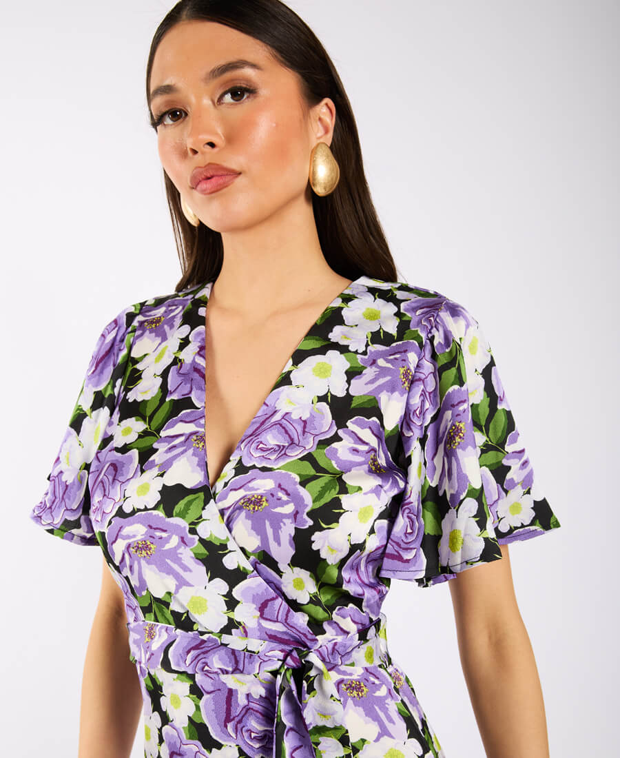 Purple Floral Wrap Midi Dress Details