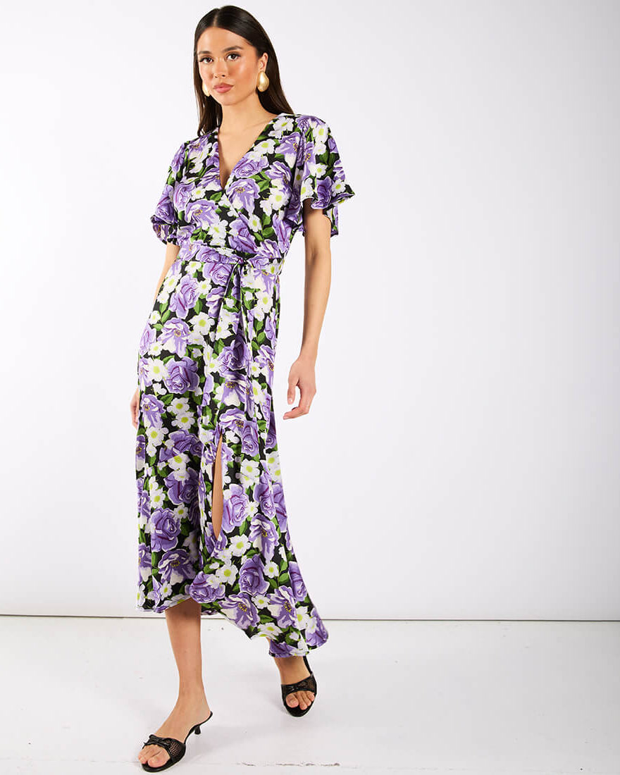 Purple Floral Wrap Midi Dress Short Sleeves