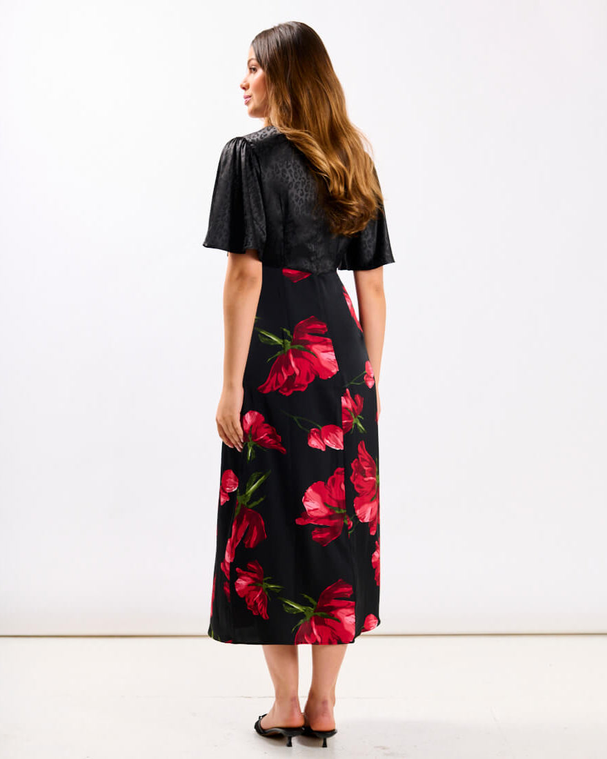 Red Floral Animal Mix Midi Dress