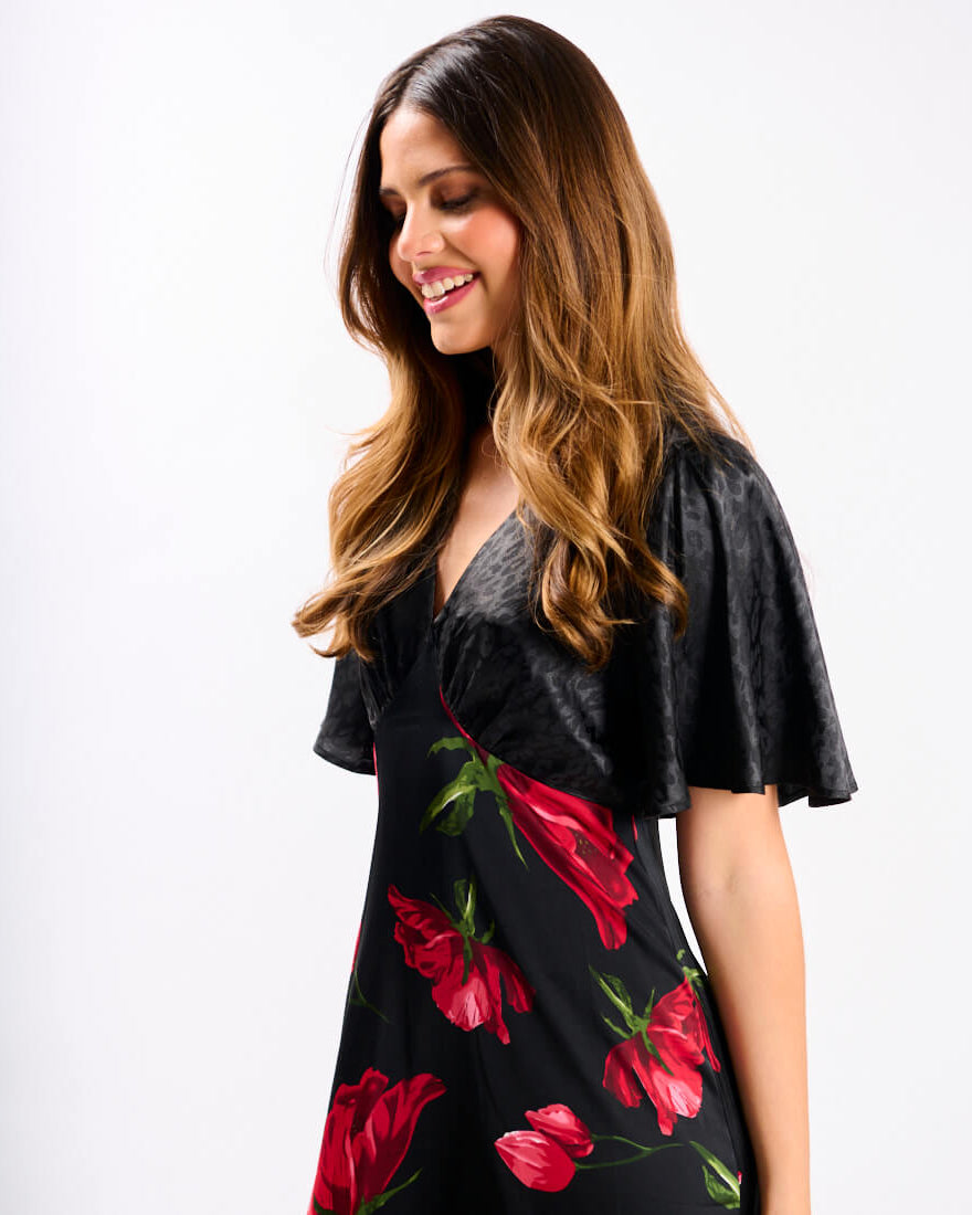 Red Floral Animal Mix Midi Dress
