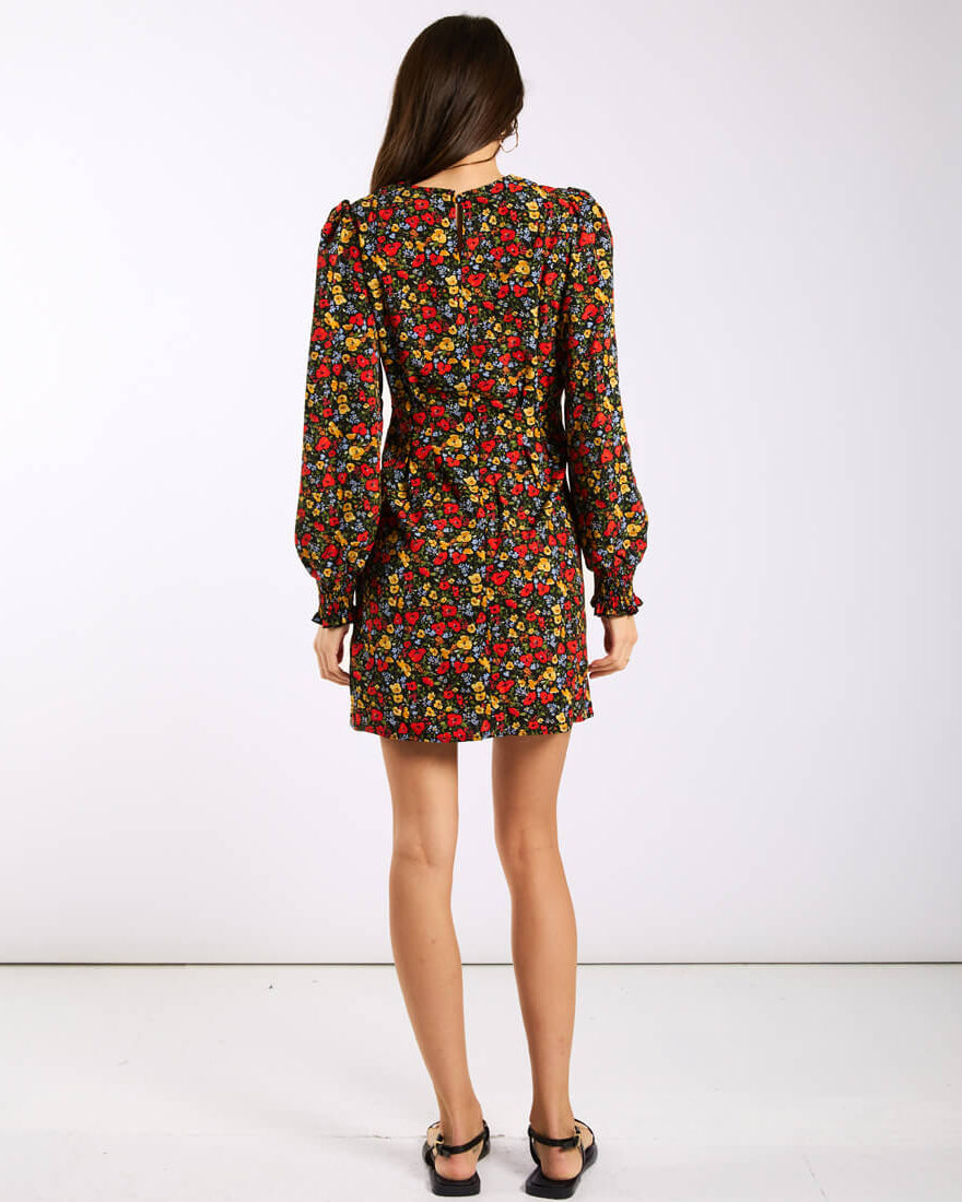 Red Floral Long_Sleeves Mini Dress back
