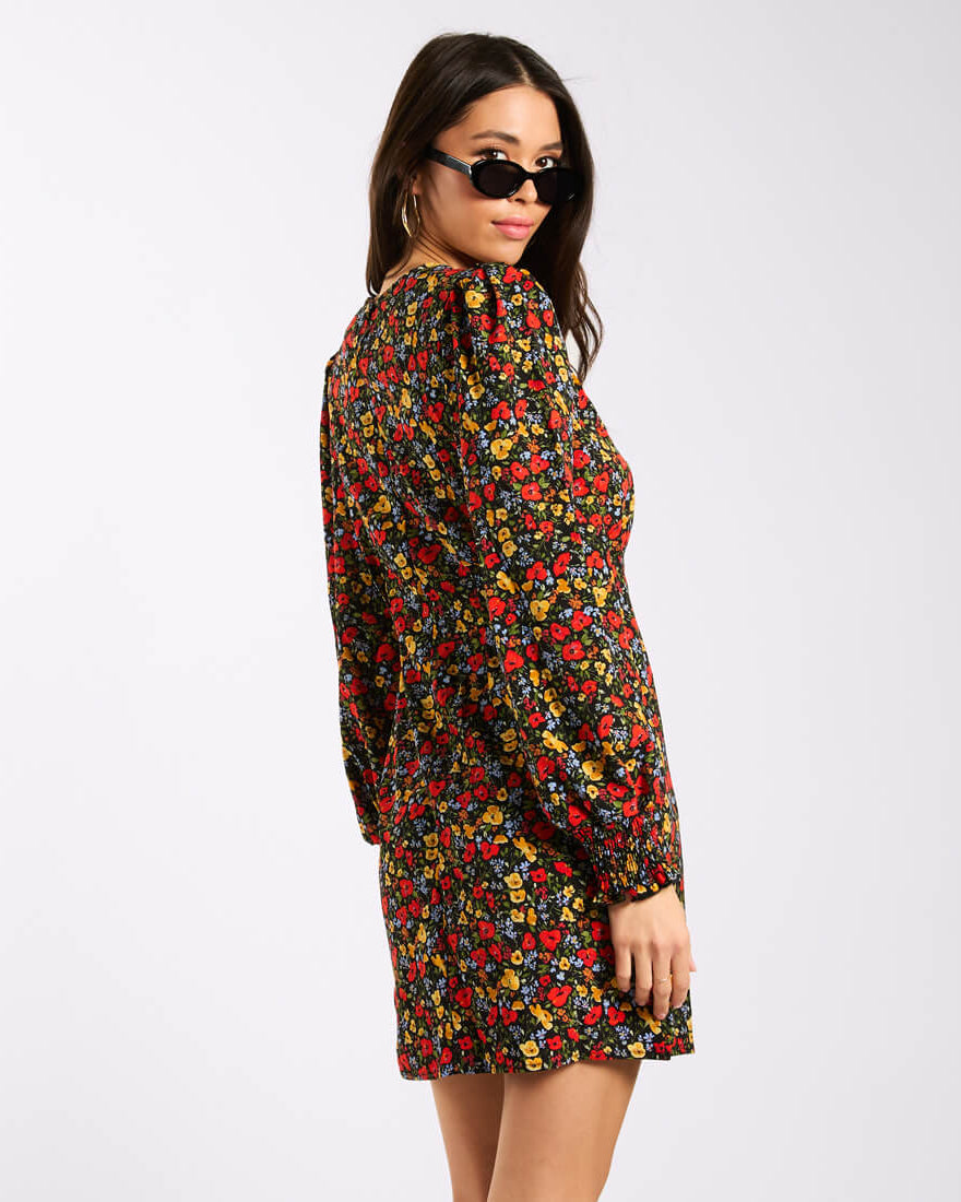 Red Floral Long_Sleeves Mini Dress side
