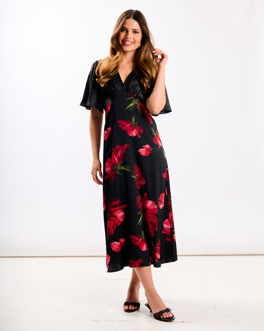 Red Floral Animal Mix Midi Dress