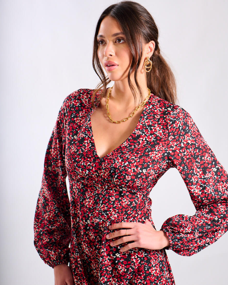 Red Floral Midi Dress